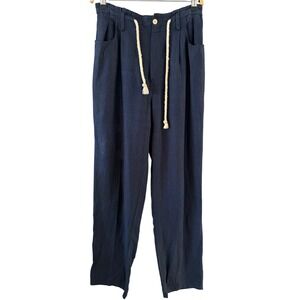Formula Vintage Navy Blue 100% Linen Wide Leg Pleated Trousers Rope Belt USA 8